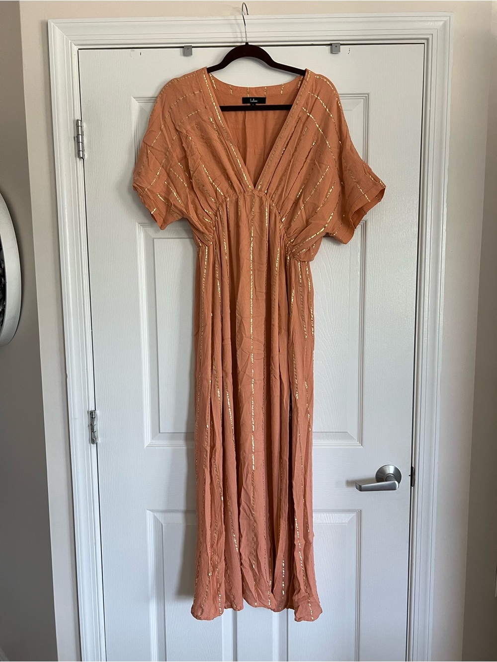 Lulu's Peach Maxi Dress with Gold Sequin Stripes